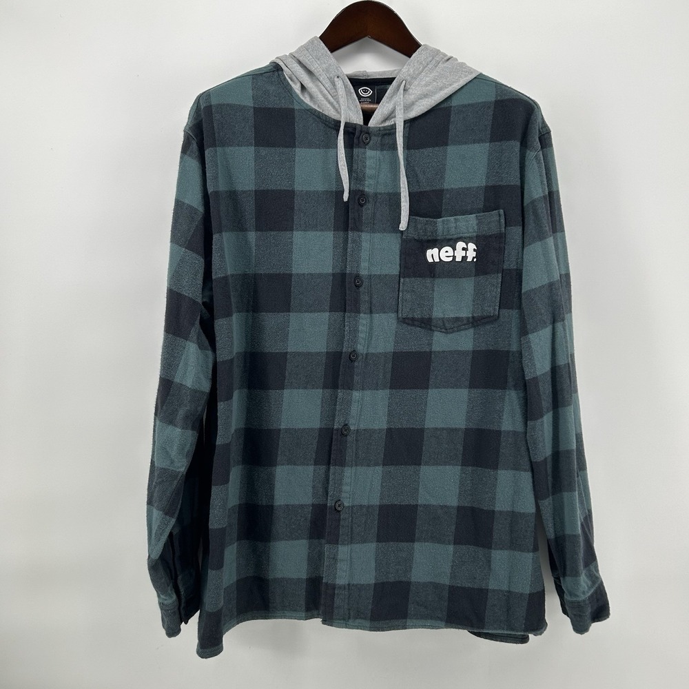 Neff Hooded Flannel Shirt Mens XL Buffalo Plaid Skater Streetwear Grunge